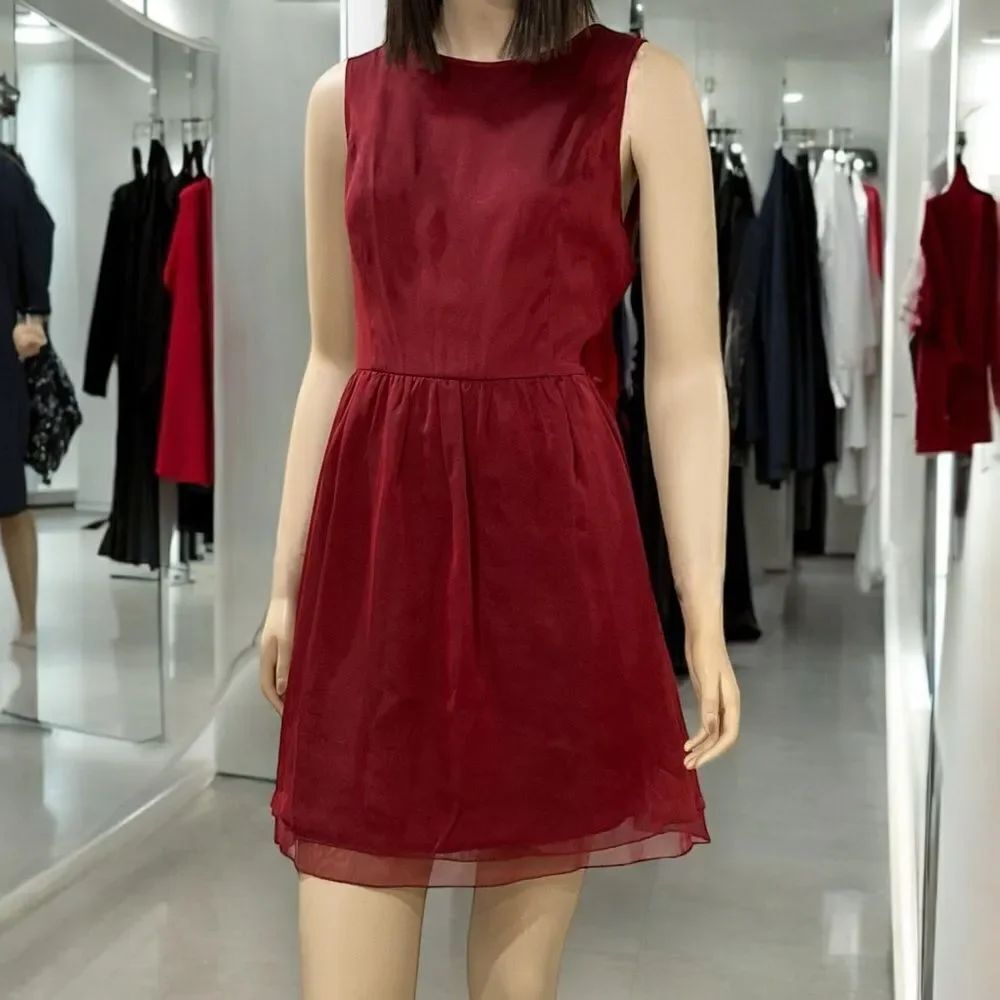 Garnet Red Sleeveless Satin Fit & Flare Above Knee Formal Dress - NEW